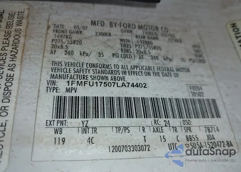 2007 Ford Expedition Eddie Bauer from USA, damaged, VIN 1FMFU17507LA74402